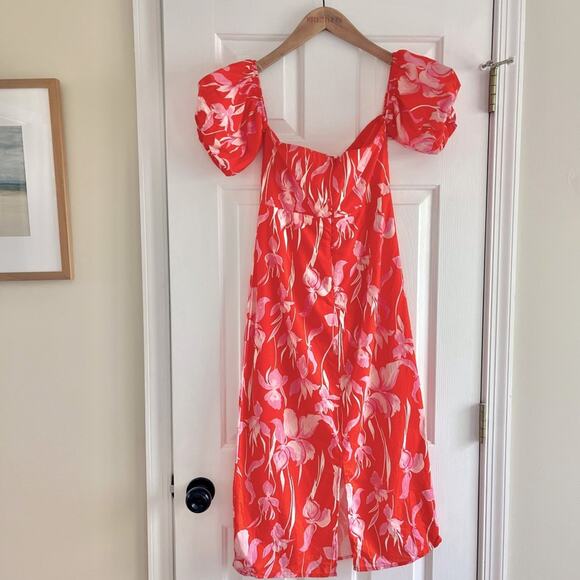 Lena Orange and Pink Floral Off the Shoulder Midi Dress Medium - Picture 3 of 6